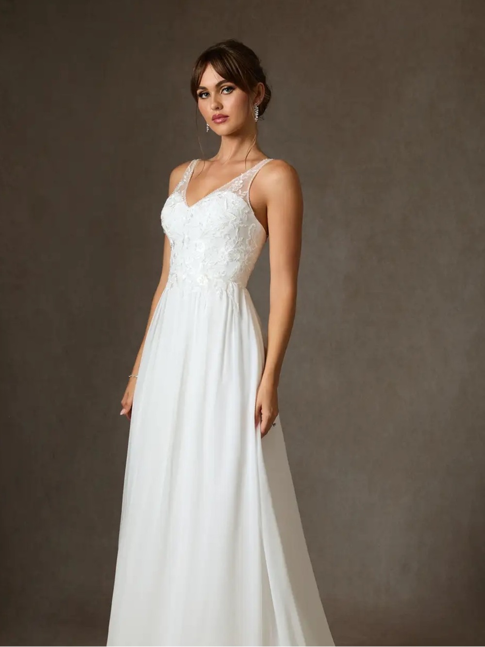 Azazie White Lace Bodice V-Neck Wedding Dress
